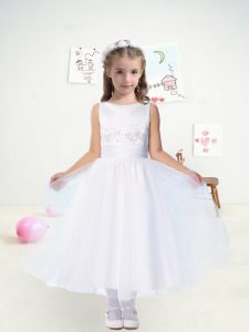 White A-line Lace and Belt Toddler Flower Girl Dress Zipper Tulle Sleeveless Ankle Length