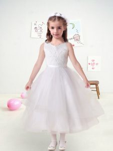 Amazing Tulle Sleeveless Tea Length Flower Girl Dresses and Lace and Belt