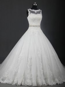 Sophisticated Sleeveless Lace and Belt Lace Up Wedding Dress with White Brush Train