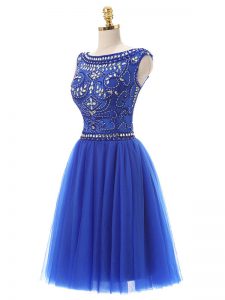 Sleeveless Knee Length Beading Zipper Dress for Prom with Royal Blue