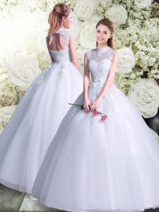 Pretty White Tulle Lace Up High-neck Sleeveless Floor Length Bridal Gown Lace and Appliques and Belt
