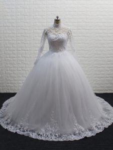 Ball Gowns Long Sleeves White Wedding Dresses Brush Train Clasp Handle