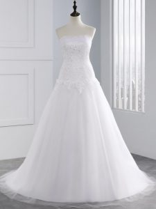 Spectacular Sleeveless Tulle Brush Train Lace Up Wedding Gown in White with Beading and Appliques
