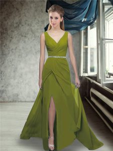 Olive Green Zipper Bridesmaid Dresses Beading Sleeveless Brush Train