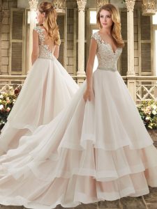 Low Price Champagne Cap Sleeves Brush Train Beading and Lace and Ruffled Layers Wedding Gowns
