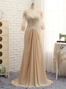 Flare Champagne Long Sleeves Chiffon Brush Train Zipper Mother of Groom Dress for Prom and Military Ball and Sweet 16