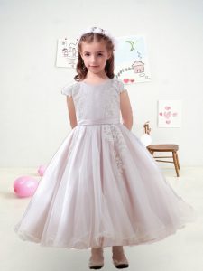 Simple White Cap Sleeves Ankle Length Lace and Belt Zipper Flower Girl Dress