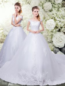 Classical Court Train Ball Gowns Wedding Gowns White Off The Shoulder Tulle Cap Sleeves Lace Up