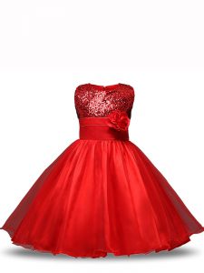 Nice Scoop Sleeveless Little Girls Pageant Dress Wholesale Knee Length Sequins and Hand Made Flower Red Organza