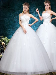 Customized Tulle Sleeveless Floor Length Wedding Dress and Appliques and Embroidery