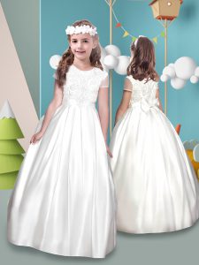 Cheap White Ball Gowns Scoop Short Sleeves Taffeta Floor Length Zipper Lace and Bowknot Flower Girl Dresses for Less