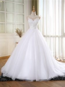White Wedding Gown Tulle Court Train Sleeveless Lace and Appliques
