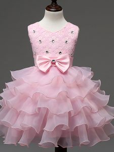 Knee Length Baby Pink Little Girl Pageant Dress Organza Sleeveless Lace and Ruffled Layers and Bowknot