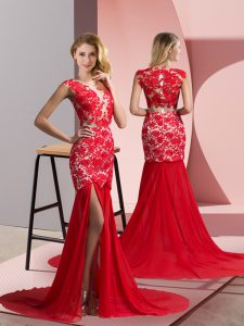 Dramatic Coral Red Column/Sheath V-neck Sleeveless Chiffon Brush Train Zipper Lace Evening Dress