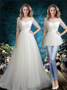 Custom Design White A-line Scoop Half Sleeves Tulle Brush Train Zipper Beading Wedding Gown