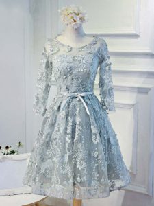 Unique Grey Long Sleeves Lace and Appliques and Belt Knee Length Prom Dress