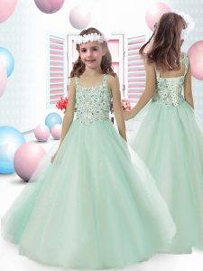 Pretty Apple Green Straps Lace Up Beading Pageant Gowns For Girls Sleeveless