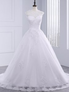 Zipper Wedding Gowns White for Beach and Wedding Party with Lace and Appliques and Bowknot Brush Train