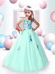 Stunning Floor Length Lace Up Flower Girl Dresses Apple Green for Wedding Party with Embroidery