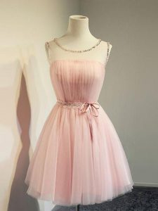 Baby Pink Lace Up Bridesmaids Dress Belt Long Sleeves Knee Length
