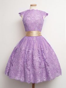 Spectacular High-neck Cap Sleeves Lace Up Dama Dress for Quinceanera Lavender Lace