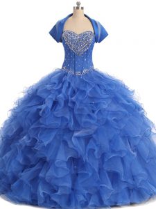 Blue Ball Gowns Organza Strapless Sleeveless Beading and Ruffles Floor Length Lace Up 15th Birthday Dress