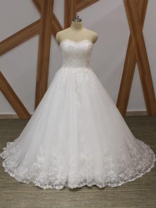 High Class Sleeveless Brush Train Lace and Appliques Lace Up Wedding Gown