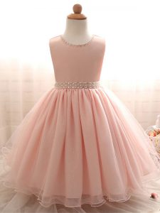 Gorgeous Pink Organza Lace Up Little Girls Pageant Gowns Sleeveless Floor Length Beading