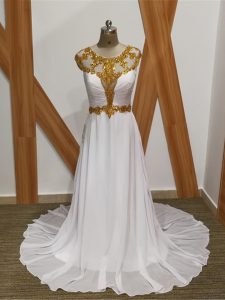 Sweet White Dress for Prom Scoop Sleeveless Brush Train Backless