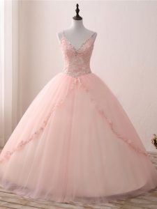 Deluxe Floor Length Lace Up Quinceanera Gown Pink for Sweet 16 and Quinceanera with Beading and Appliques