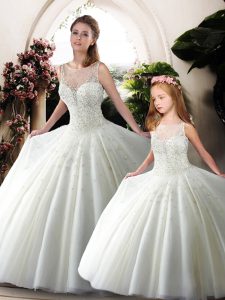 Cute White Backless Quinceanera Dresses Beading and Embroidery Sleeveless Sweep Train