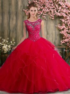 Tulle Scoop Sleeveless Lace Up Beading and Embroidery Sweet 16 Dress in Red