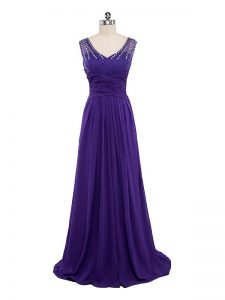 Purple V-neck Neckline Beading and Ruching Prom Evening Gown Sleeveless Side Zipper