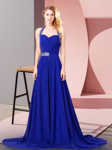 Romantic Empire Dress for Prom Royal Blue Halter Top Chiffon Sleeveless Zipper