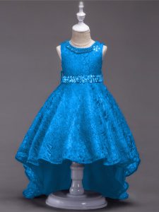 Cute Blue A-line Lace Scoop Sleeveless Beading High Low Lace Up Flower Girl Dress