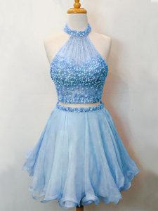 Stylish Blue Two Pieces Beading Bridesmaids Dress Lace Up Organza Sleeveless Knee Length