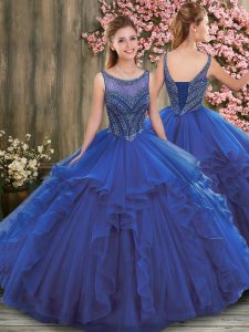 Custom Made Floor Length Lace Up 15th Birthday Dress Blue for Military Ball and Sweet 16 and Quinceanera with Beading an