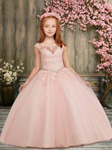 Peach Cap Sleeves Floor Length Beading and Appliques Lace Up Little Girl Pageant Dress