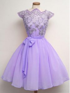 Nice Knee Length Lace Up Bridesmaid Dress Lavender for Prom and Party and Wedding Party with Lace and Belt