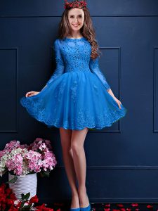 Fitting Teal 3 4 Length Sleeve Beading and Lace and Appliques Mini Length Wedding Guest Dresses
