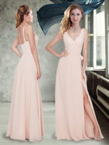 Baby Pink Empire V-neck Sleeveless Chiffon Floor Length Zipper Ruching Court Dresses for Sweet 16