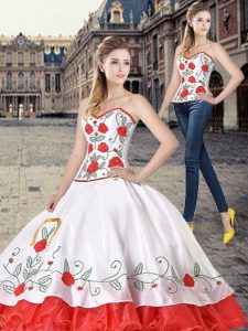 Amazing White And Red Two Pieces Organza and Taffeta Sweetheart Sleeveless Embroidery Floor Length Lace Up Quinceanera D