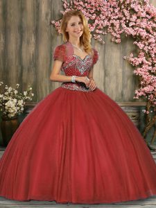 Sleeveless Floor Length Beading Lace Up Quinceanera Dress with Wine Red