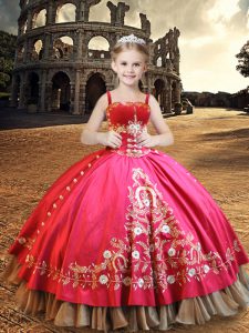 Hot Pink Ball Gowns Embroidery Little Girl Pageant Dress Lace Up Taffeta Sleeveless Floor Length