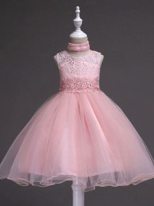 Baby Pink Ball Gowns Tulle Scoop Sleeveless Beading and Appliques Knee Length Zipper Kids Formal Wear