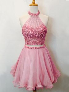 Pink Organza Lace Up Court Dresses for Sweet 16 Sleeveless Knee Length Beading