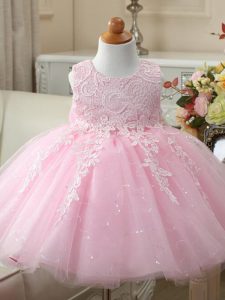 Knee Length Baby Pink Kids Formal Wear Tulle Sleeveless Appliques and Bowknot