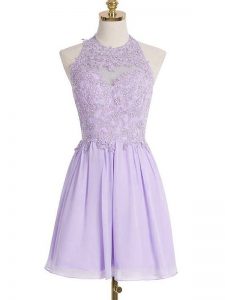 Lavender Halter Top Lace Up Lace Bridesmaids Dress Sleeveless
