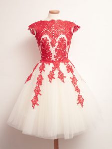 Unique White And Red Tulle Lace Up Dama Dress for Quinceanera Sleeveless Mini Length Appliques