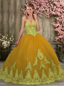 Gold Tulle Lace Up Sweetheart Sleeveless 15 Quinceanera Dress Brush Train Appliques